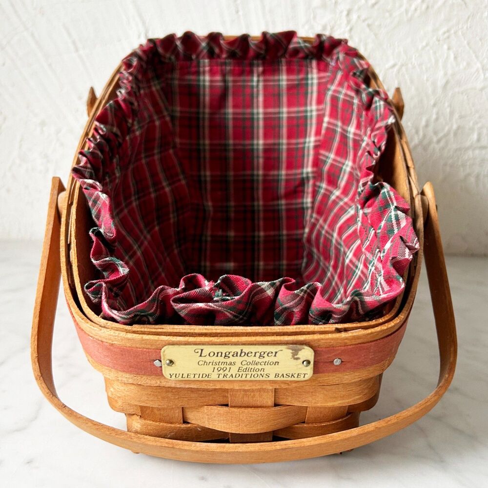 Longaberger Yuletide Traditions Sleigh Basket 1991 Christmas Plaid Liner Vintage